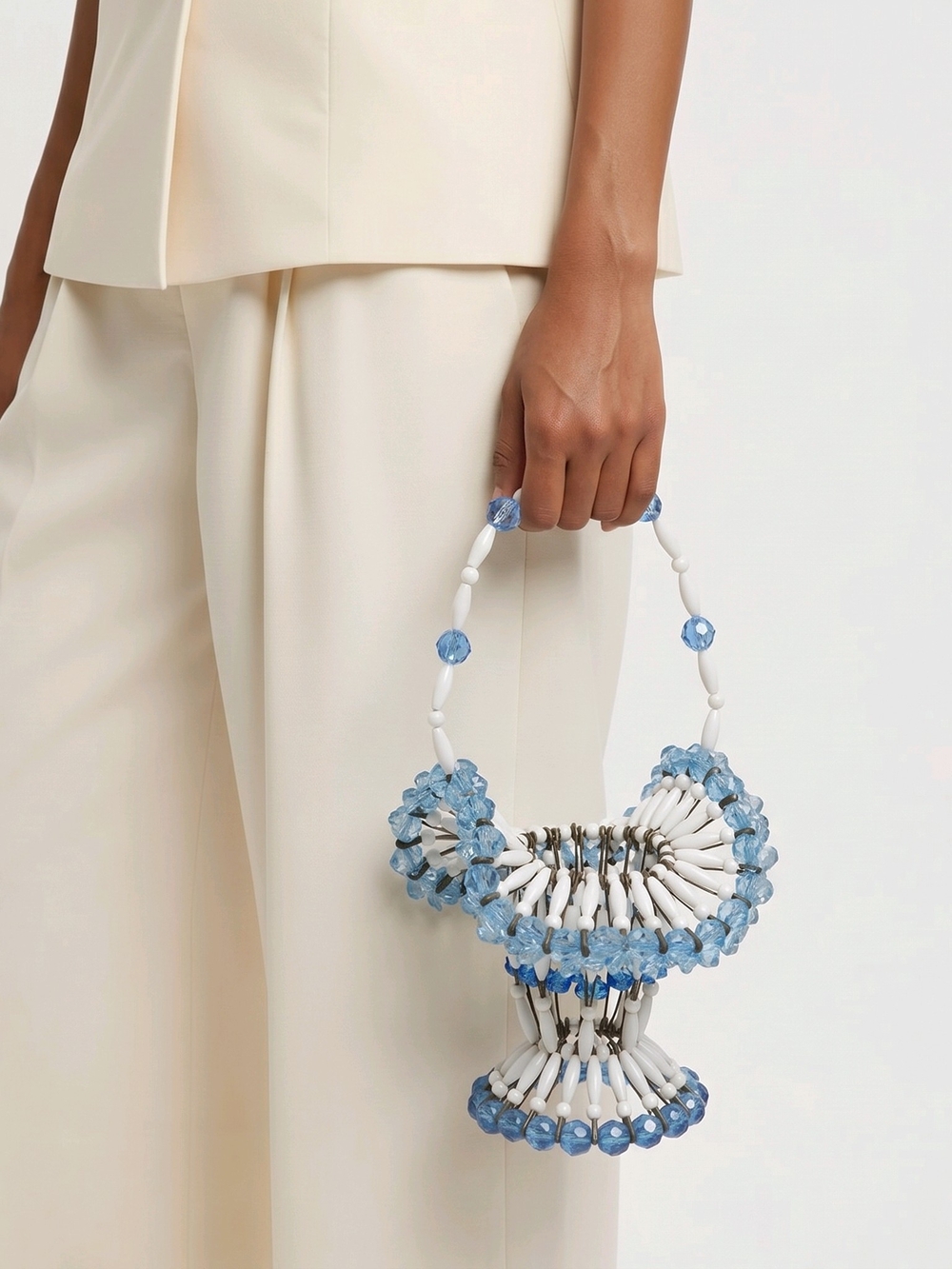 Beaded Pin Sculptural Handbag in White and Light Blue